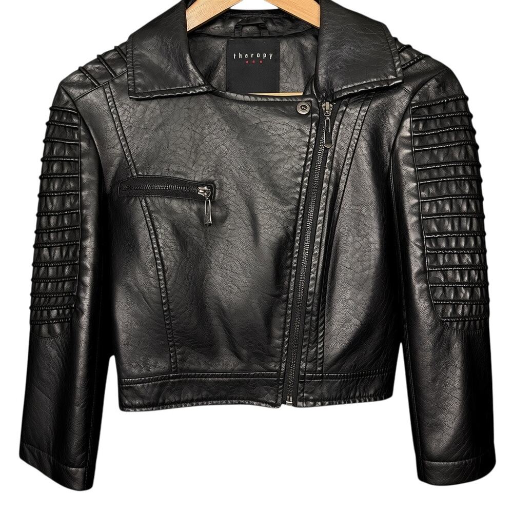 Therapy Moto Jacket Womens Small Black Faux Vegan Leather Full Zip Biker Cropped